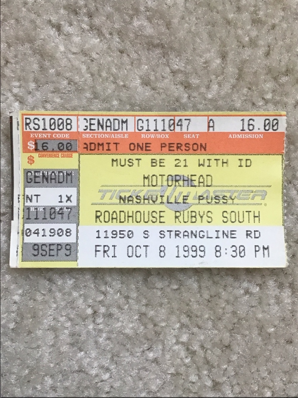 Vintage Rock Memorabilia Motörhead Concert Ticket Stub, 1999